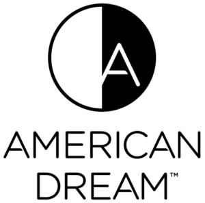 Circular logo half filled black on the right with an A outlined, American Dream written below